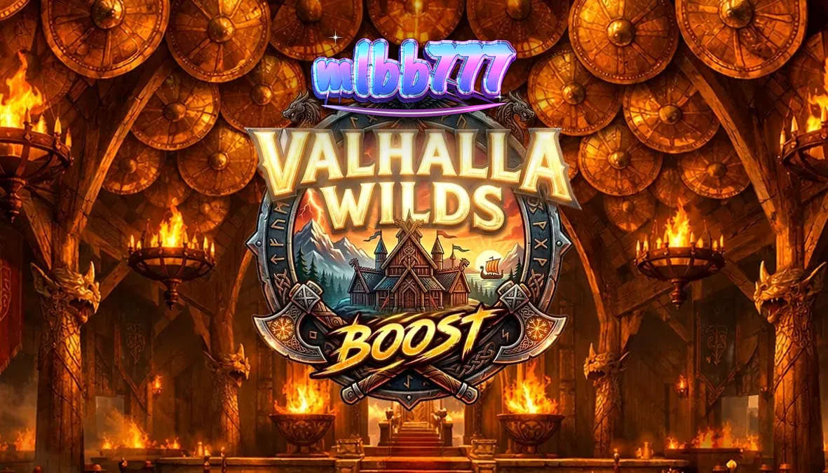 Pemandangan atmosferik slot Valhalla Wilds Boost dengan simbol Viking dan latar belakang fjord.